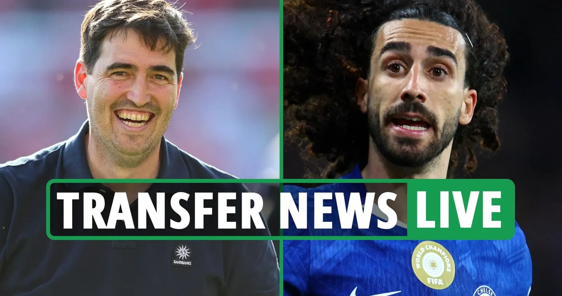 Coach smiling next to player during transfer news segment
