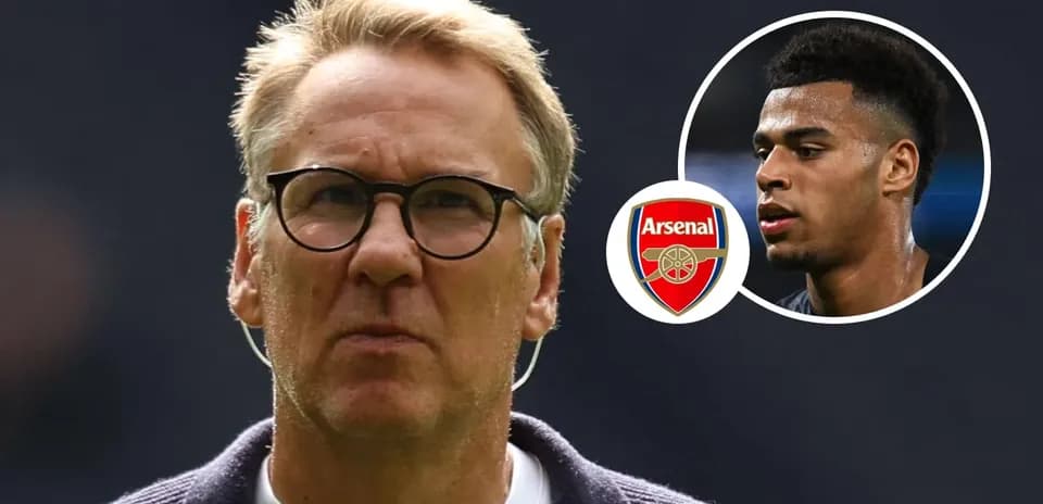 Coach with glasses and player profile beside Arsenal logo