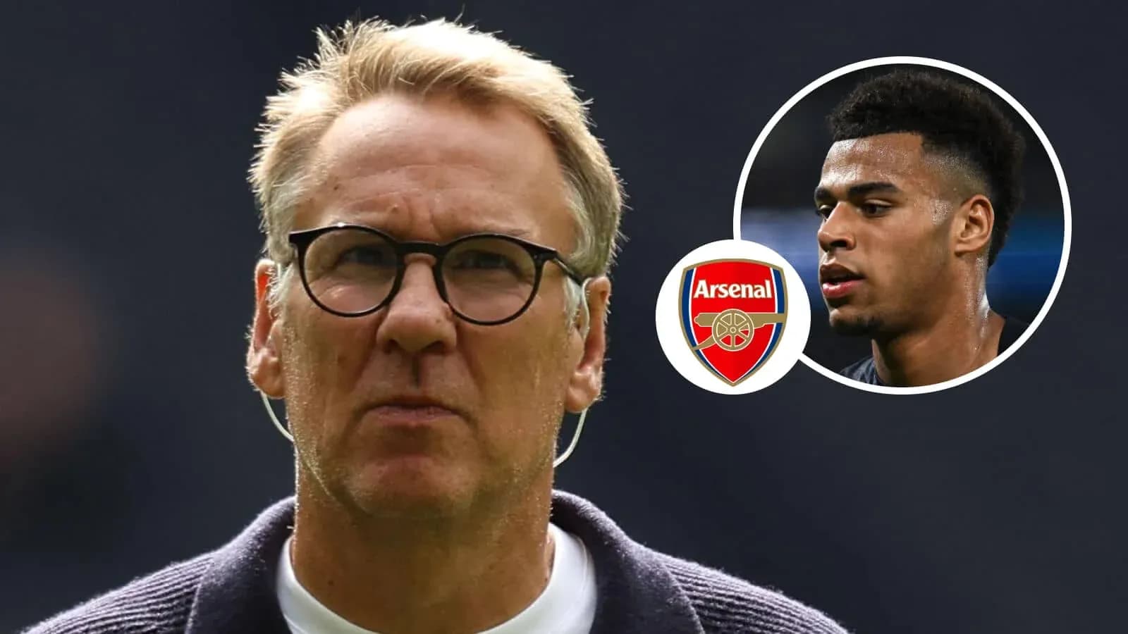 Coach with glasses and player profile beside Arsenal logo