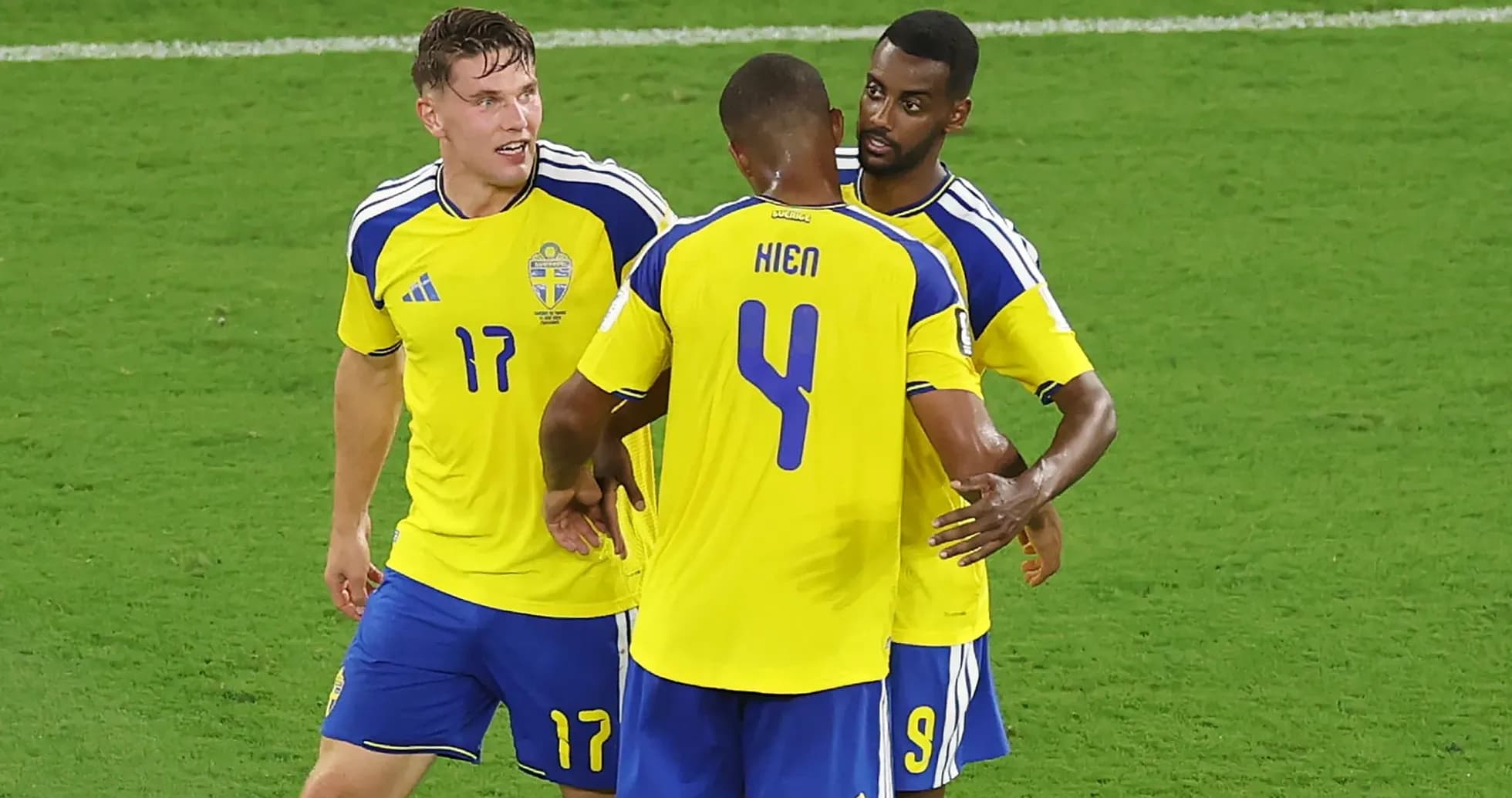 Swedish players celebrating a goal on the field