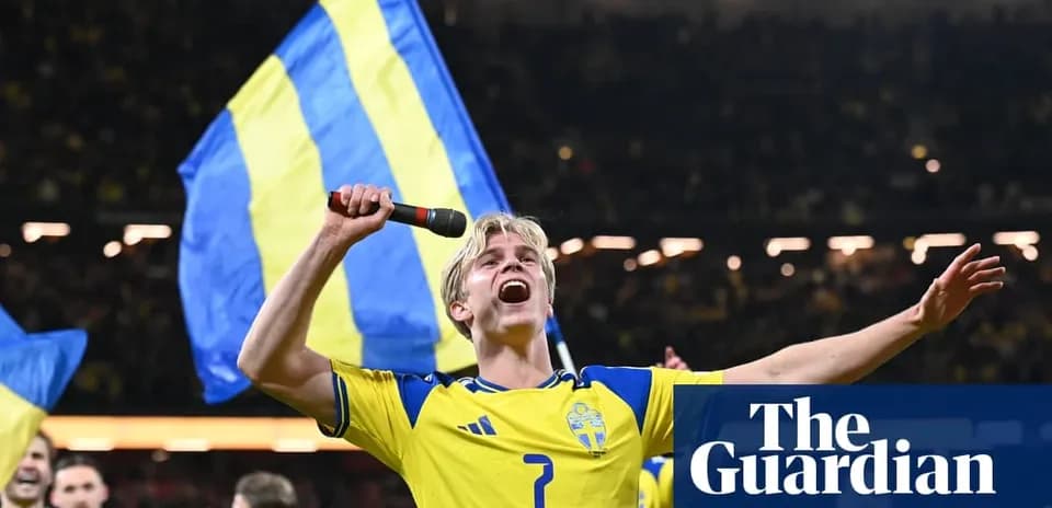 Player celebrating with microphone and Swedish flag