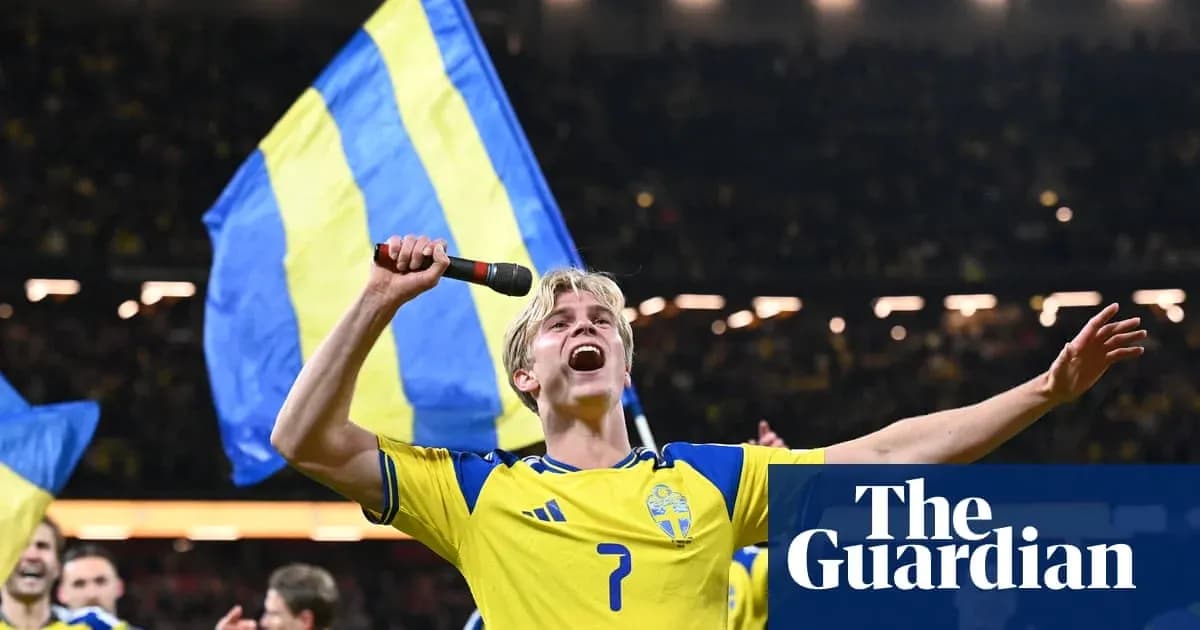 Player celebrating with microphone and Swedish flag