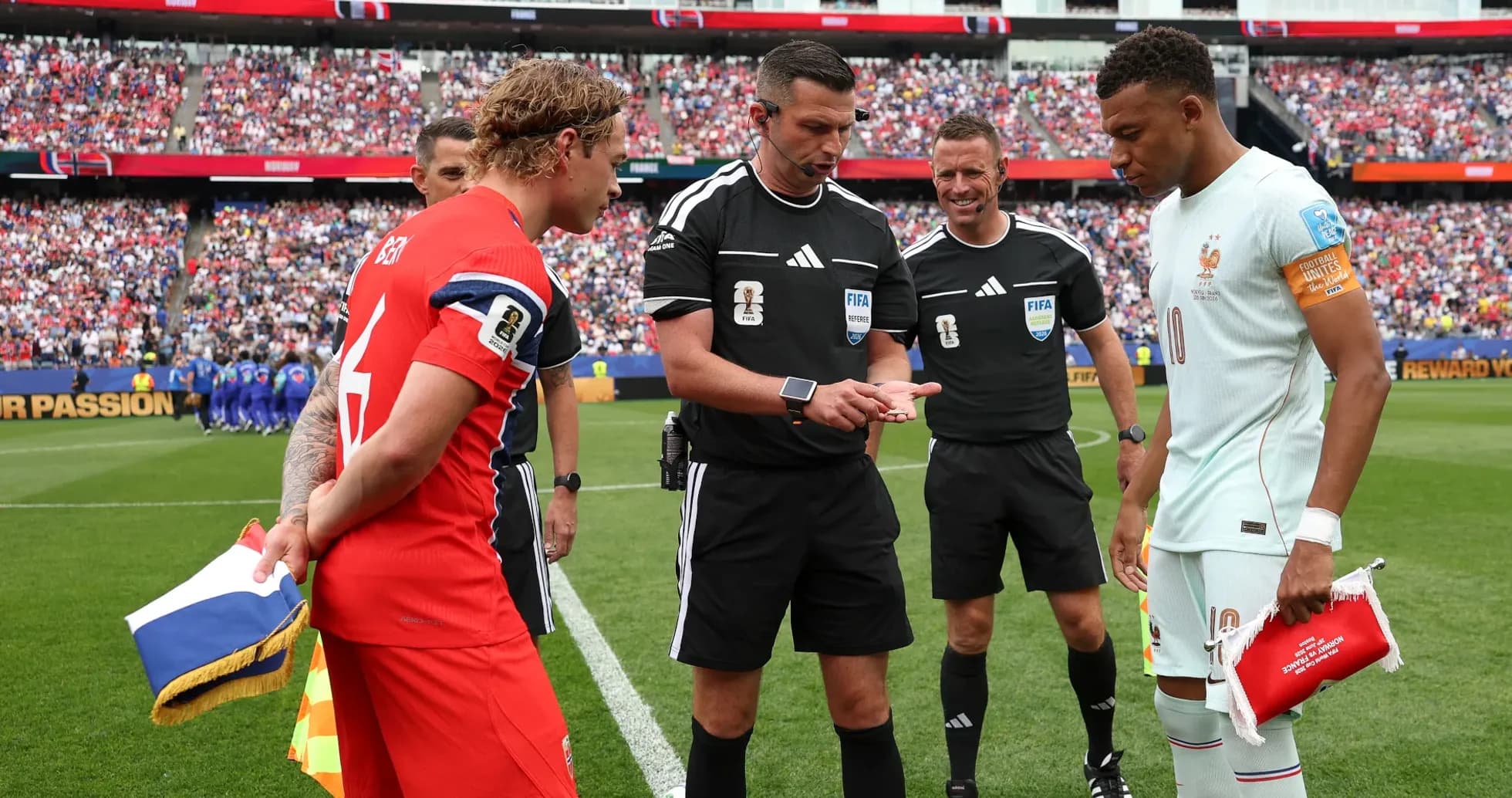 Team captains and referees at coin toss before match