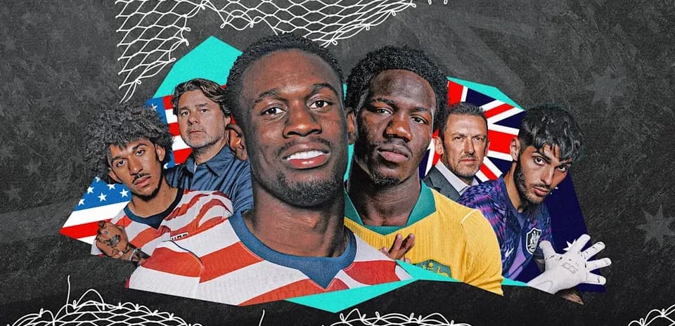 Collage of soccer players and coaches in various jerseys