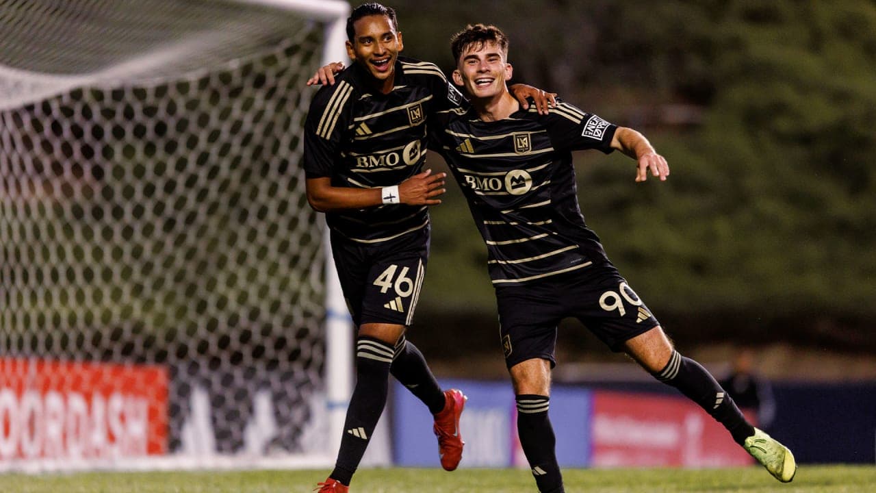 Players celebrating goal during LAFC II match