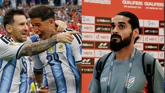 Argentina players celebrating a goal; player at press conference