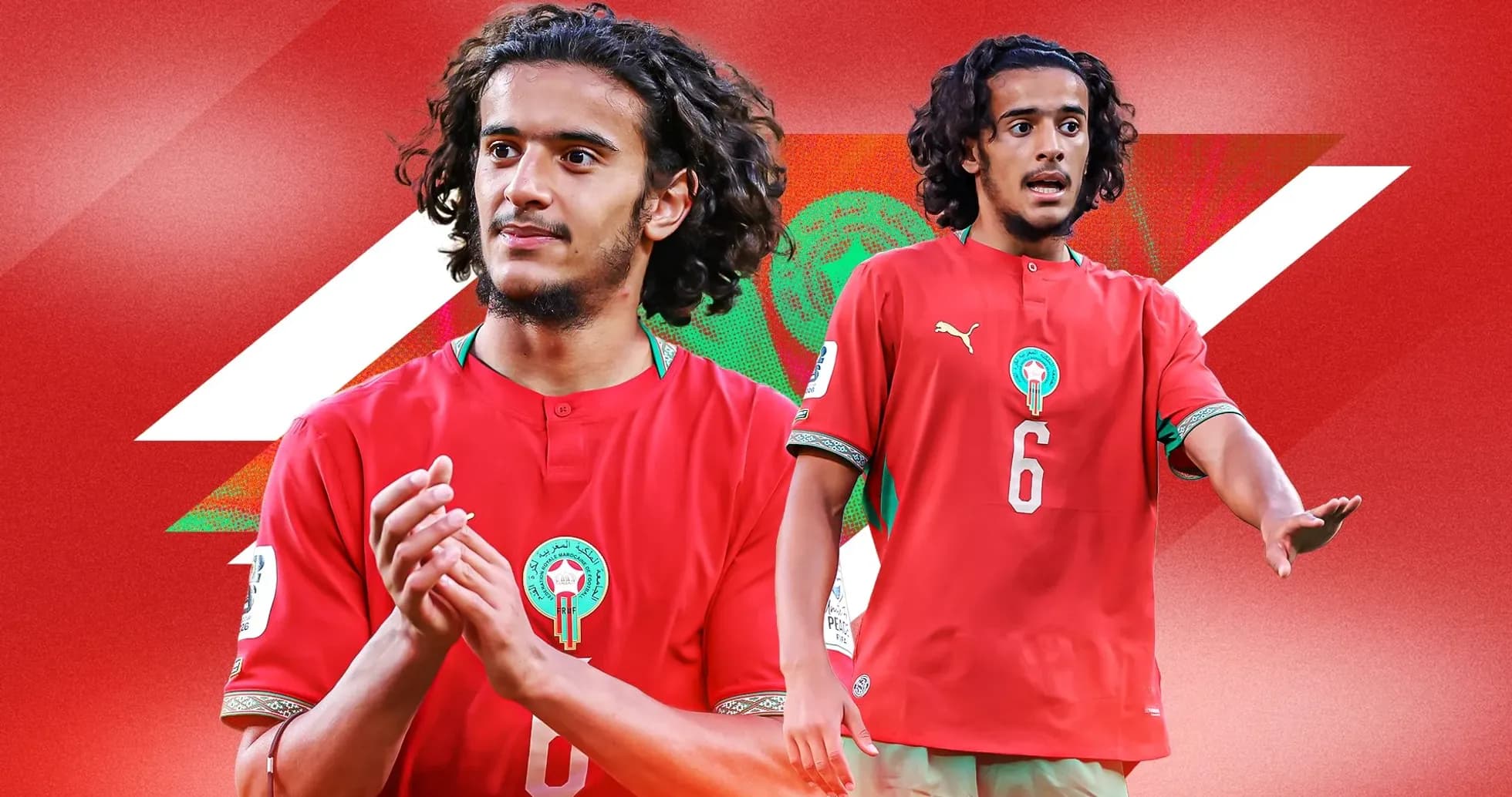 Player in red Morocco jersey gesturing on field