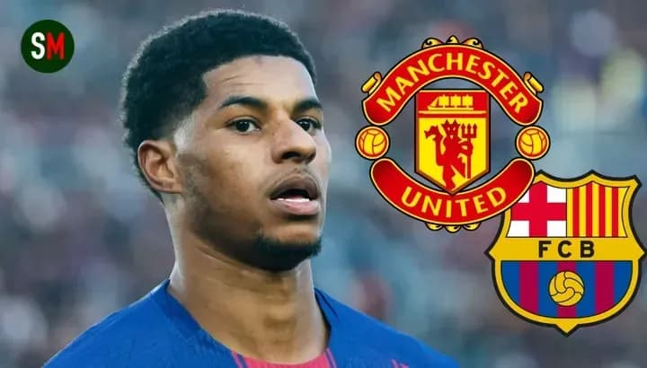 Football player with Manchester United and Barcelona logos