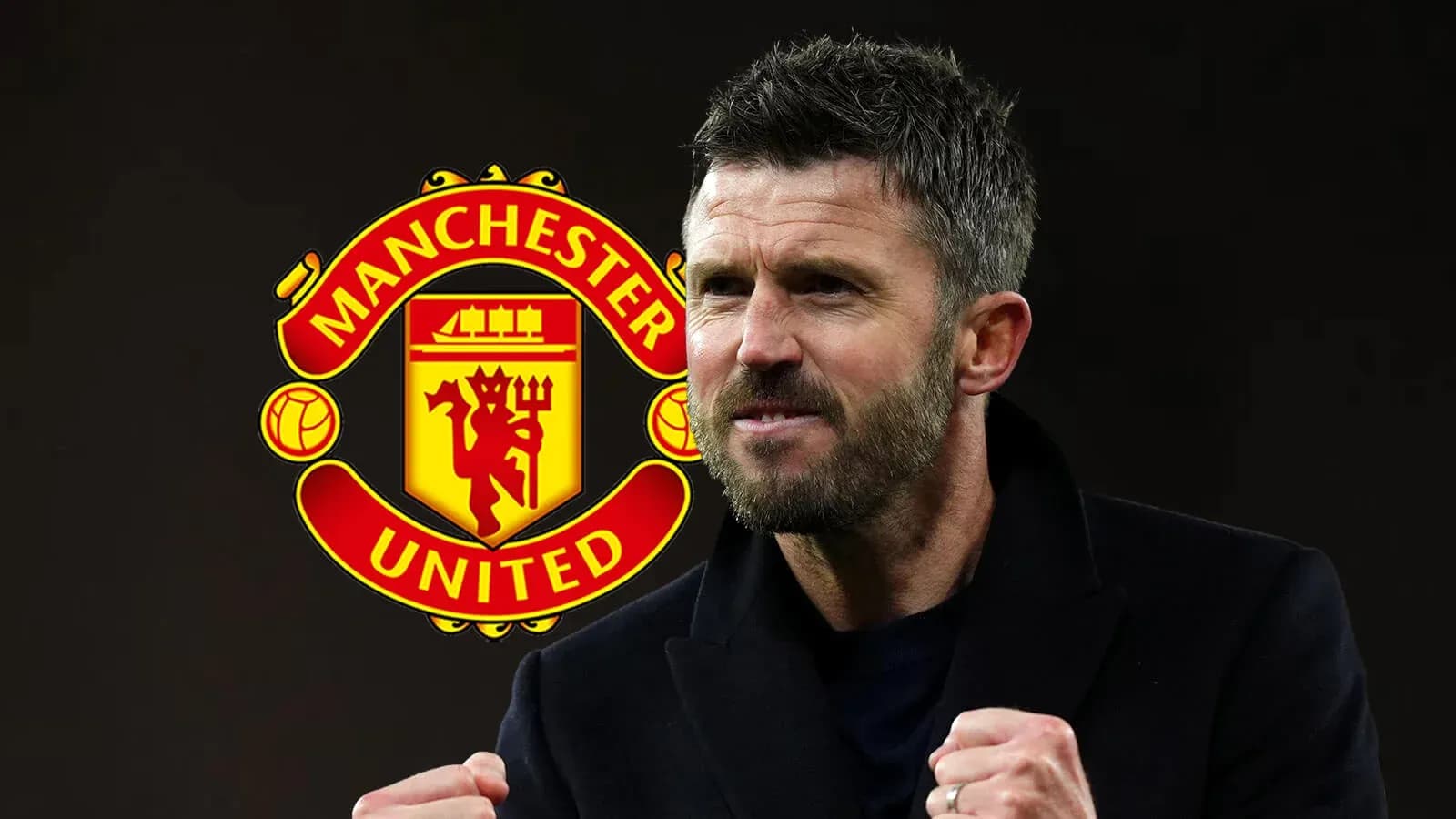 Man celebrating with Manchester United logo in background