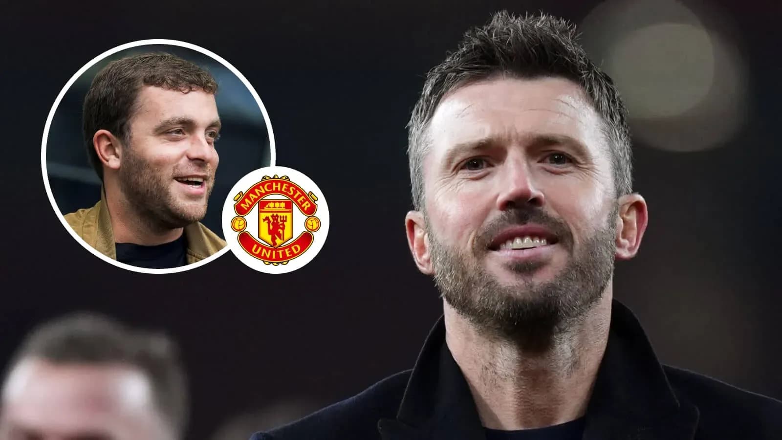 Two men smiling with Manchester United logo overlay