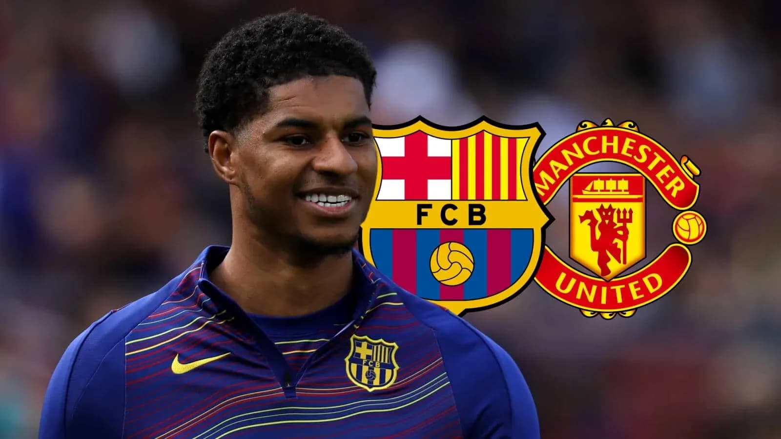 Player smiling with Barcelona and Manchester United logos