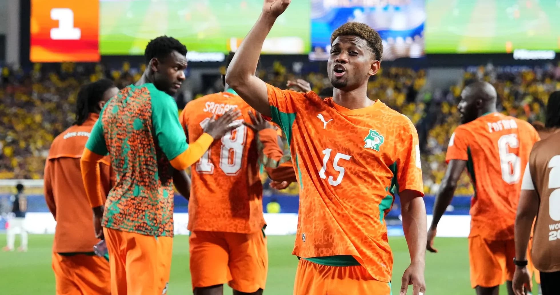 Ivory Coast players celebrating during World Cup match