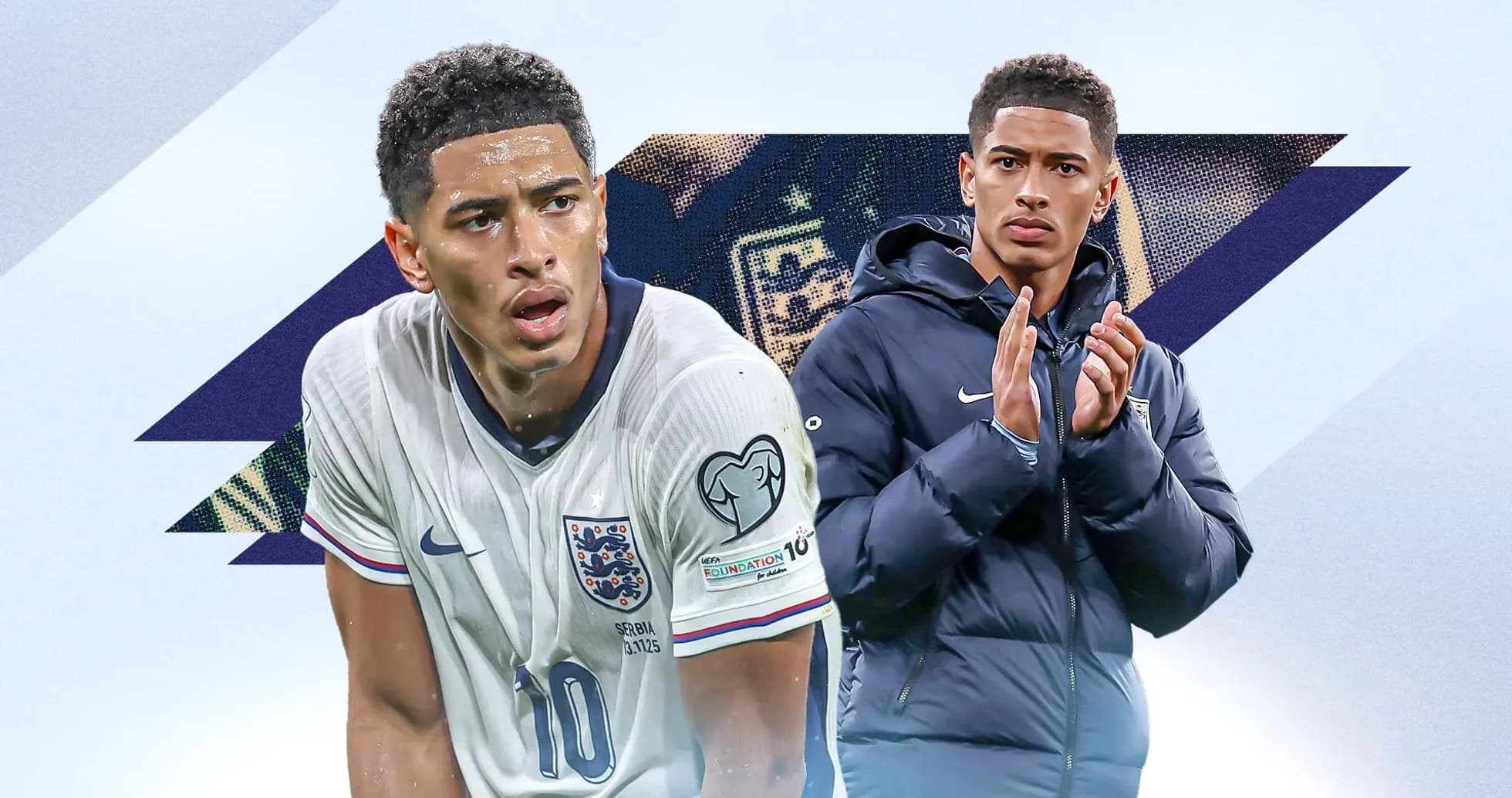 Football player in England kit and another in jacket