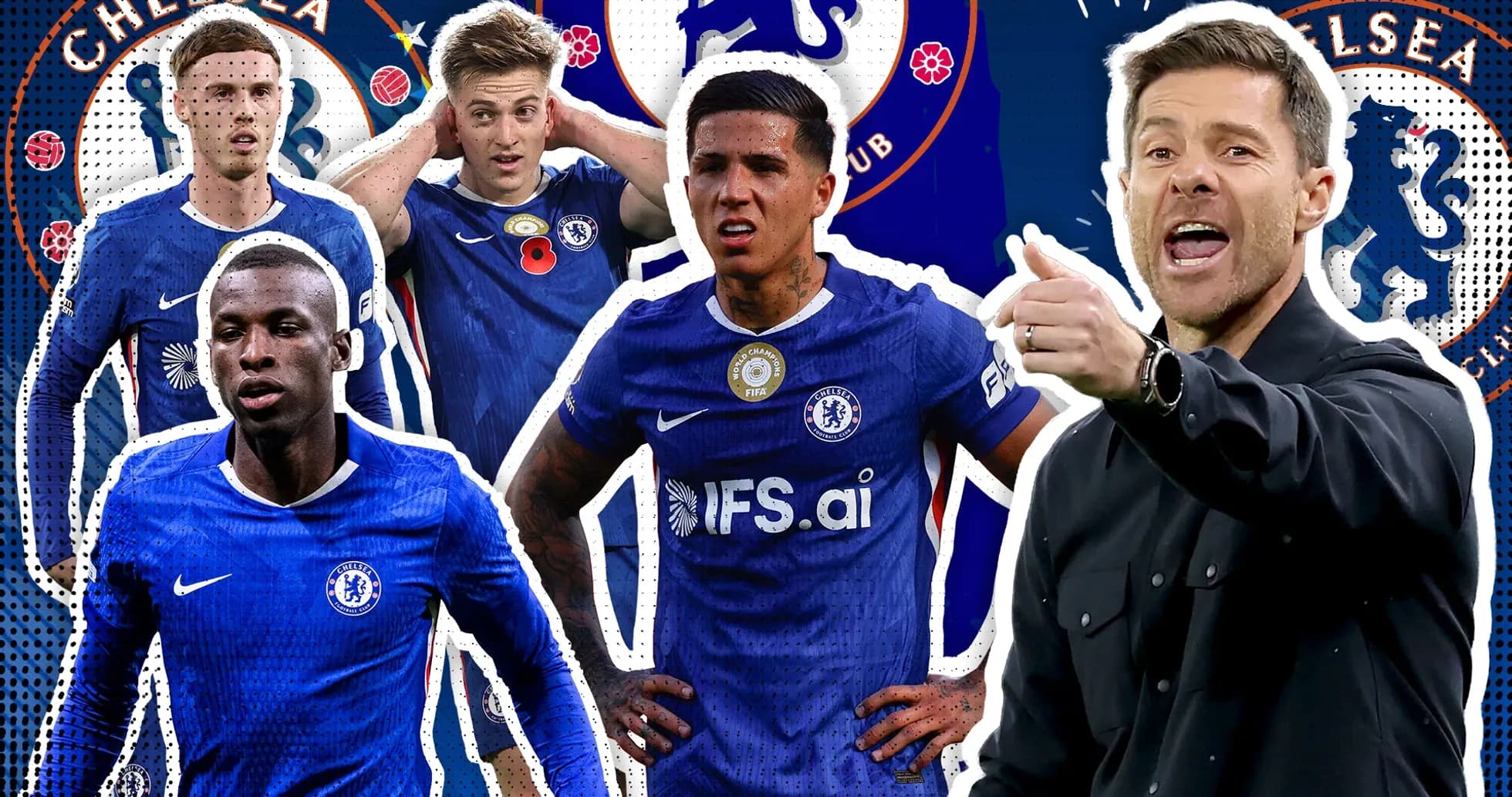 Chelsea players and coach in graphic design background