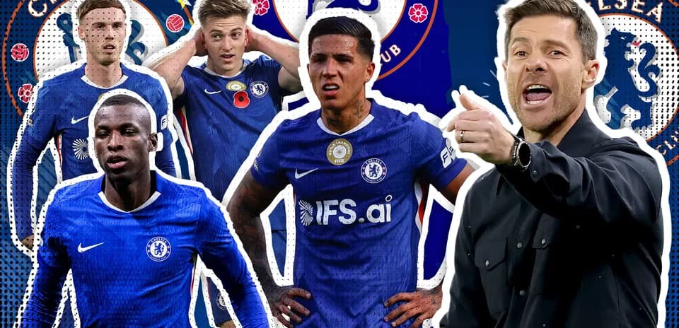 Chelsea players and coach in graphic design background