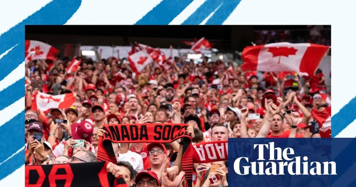 Crowd of fans cheering with Canadian flags and scarves