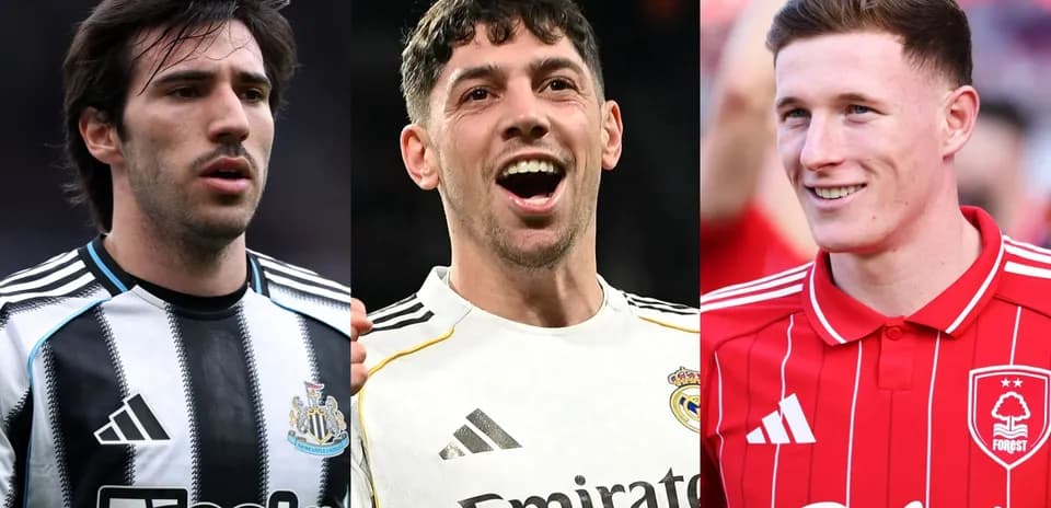 Three football players in their respective team jerseys