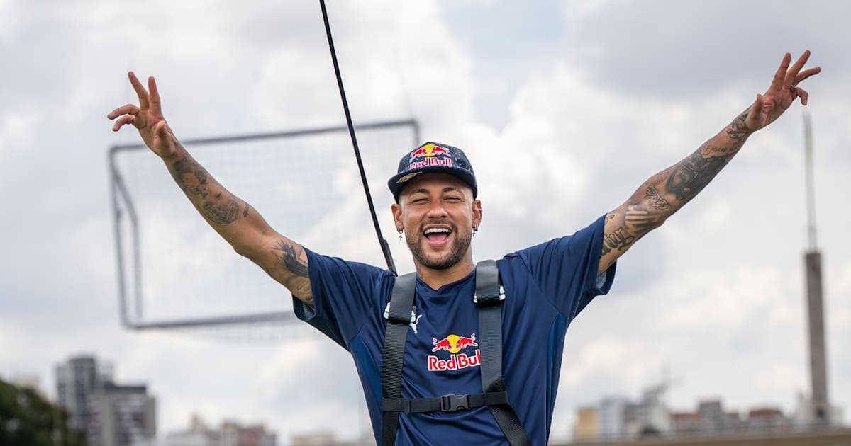Neymar celebrating in a harness outdoors