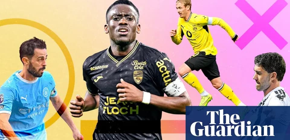 Four football players in action with colorful background