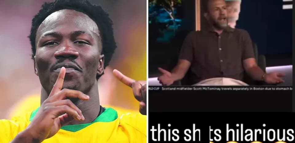 Player celebrating goal alongside sports commentary segment