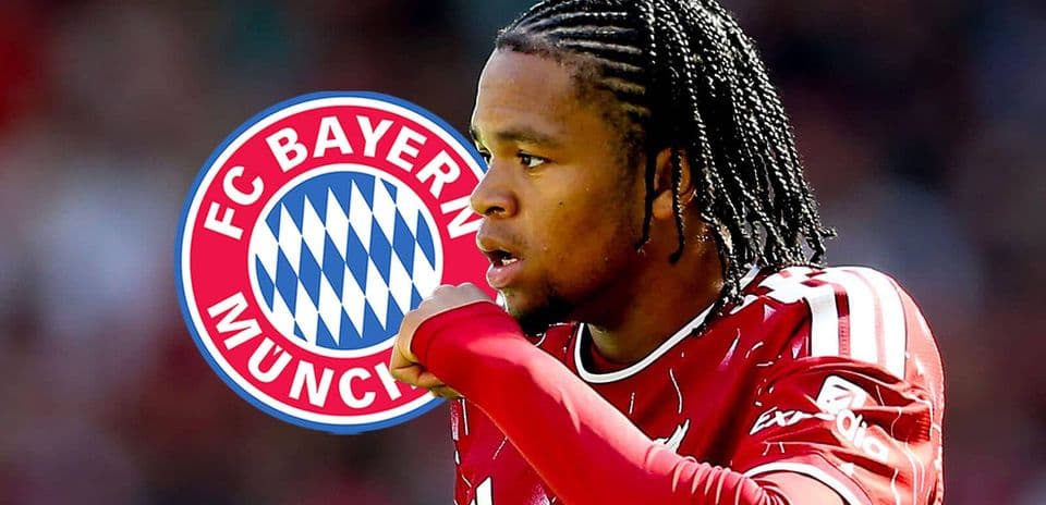 Player celebrating with FC Bayern Munich logo in background