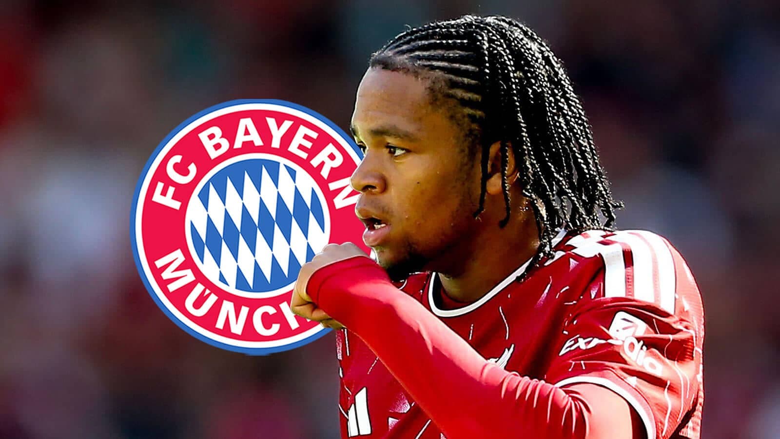 Player celebrating with FC Bayern Munich logo in background