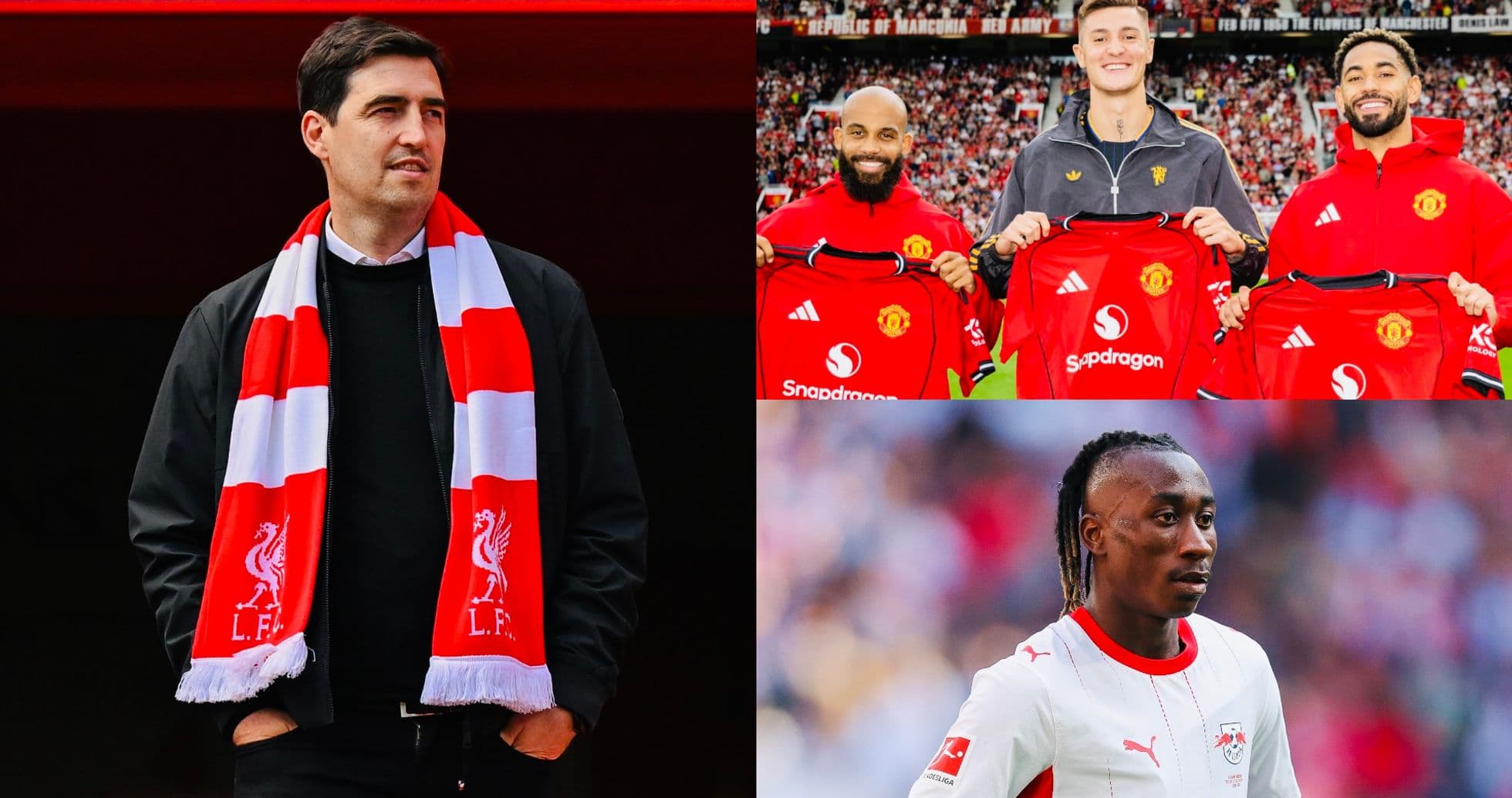 Football manager and players showcasing team jerseys