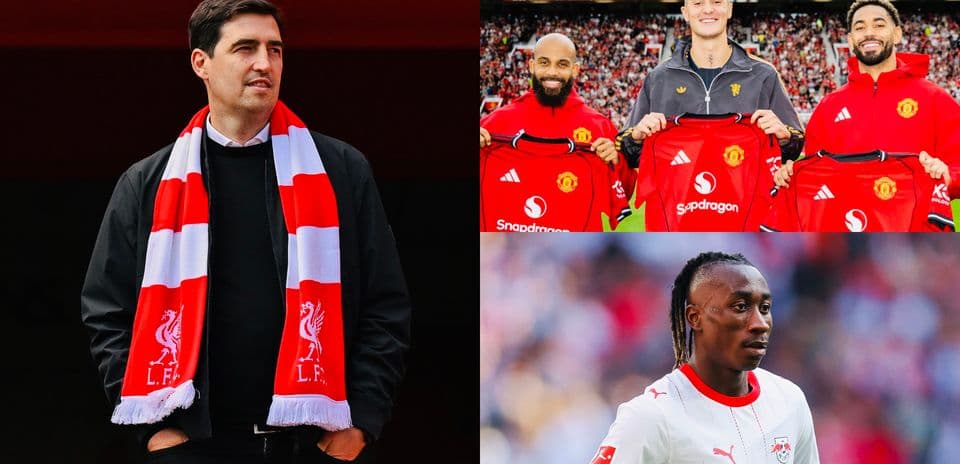 Football manager and players showcasing team jerseys