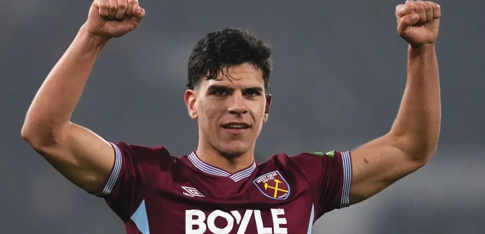 Player celebrating victory in West Ham United jersey