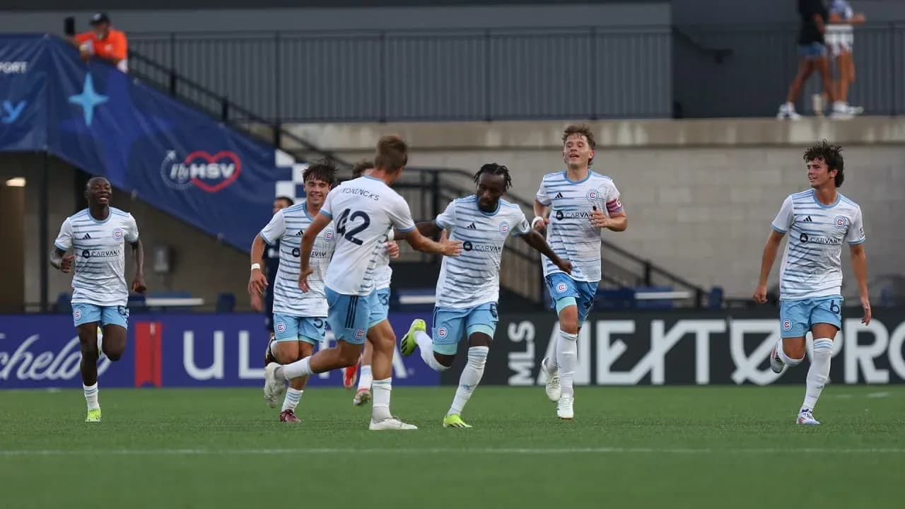 Chicago Fire II players celebrating a goal