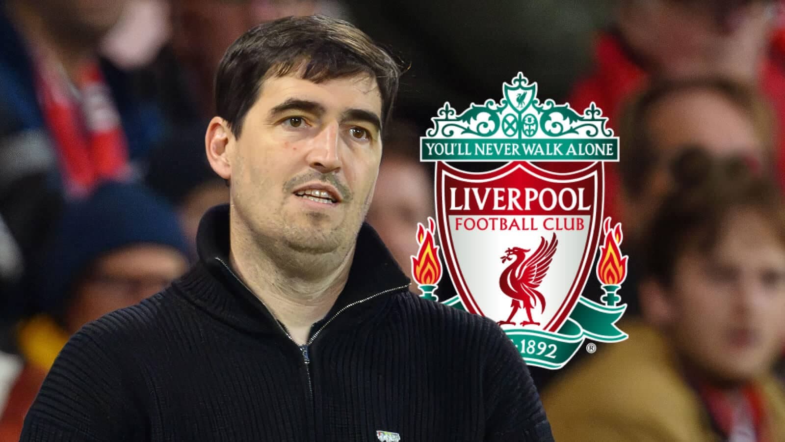 Individual standing in front of Liverpool FC logo