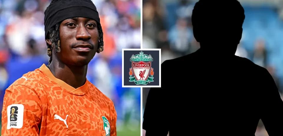 Goalkeeper in orange jersey with Liverpool logo overlay
