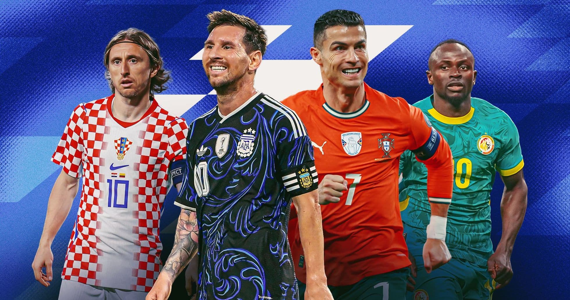 Four football players in national team jerseys