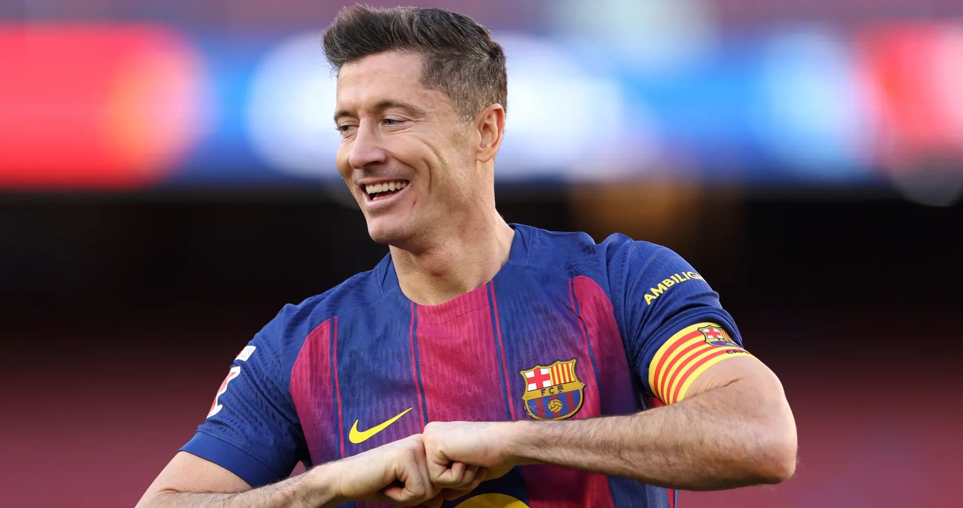 Player celebrating in FC Barcelona jersey