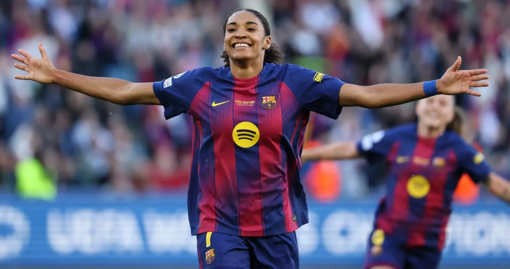 Barcelona player celebrating a goal on the pitch