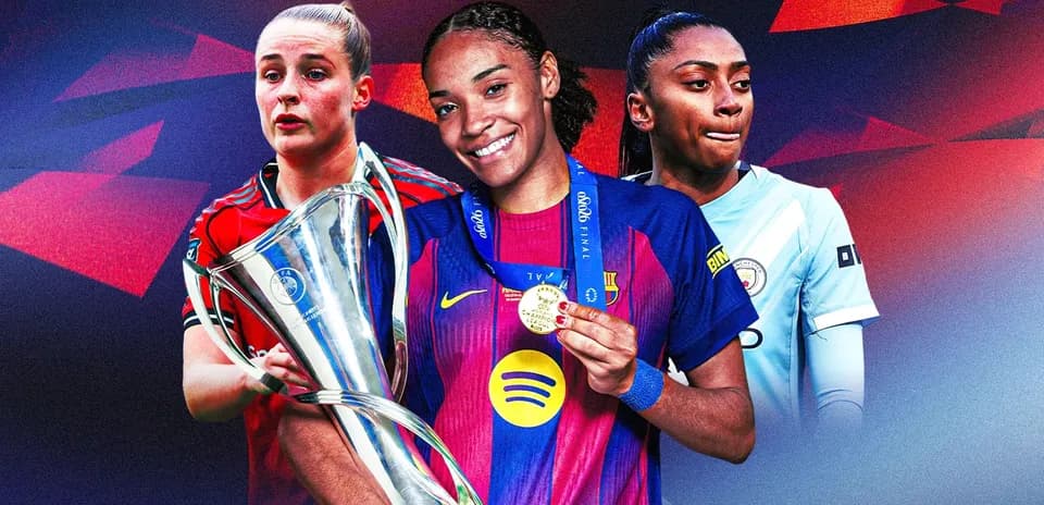 Three female football players holding a trophy
