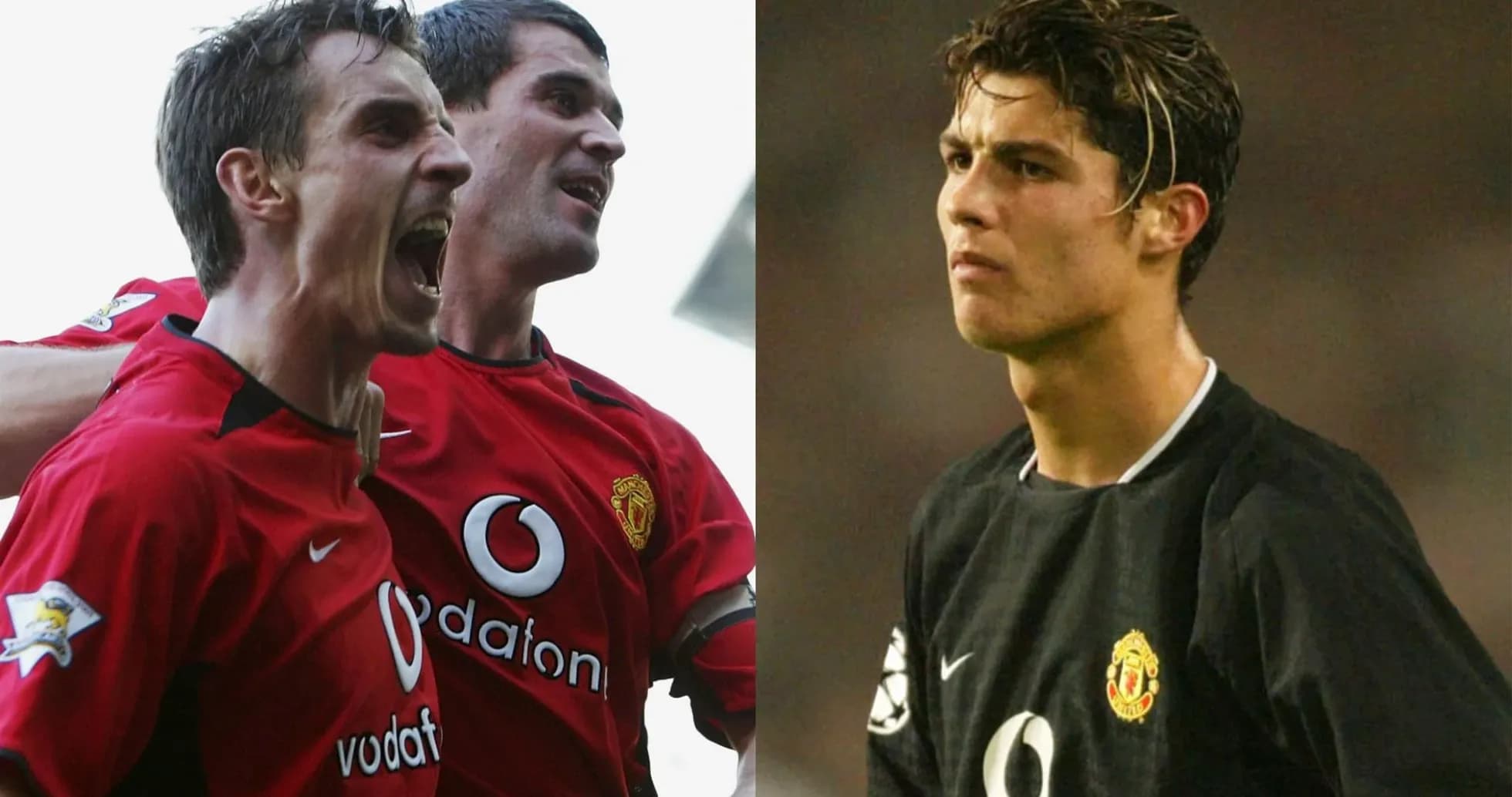Two Manchester United players celebrating and a focused player