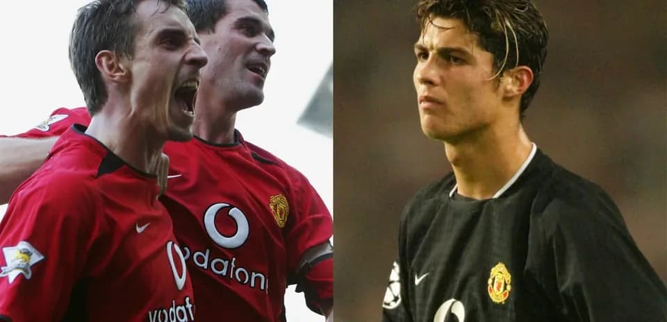 Two Manchester United players celebrating and a focused player