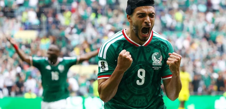 Raul Jimenez celebrating goal for Mexico