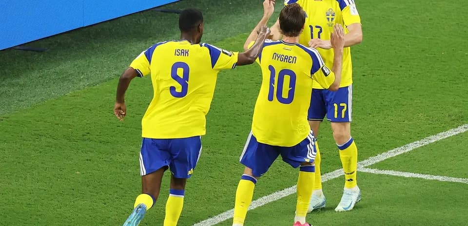 Sweden players celebrating a goal during match