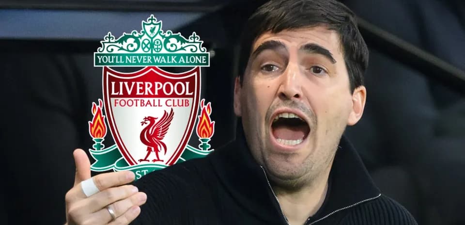 Person gesturing passionately with Liverpool FC logo in background