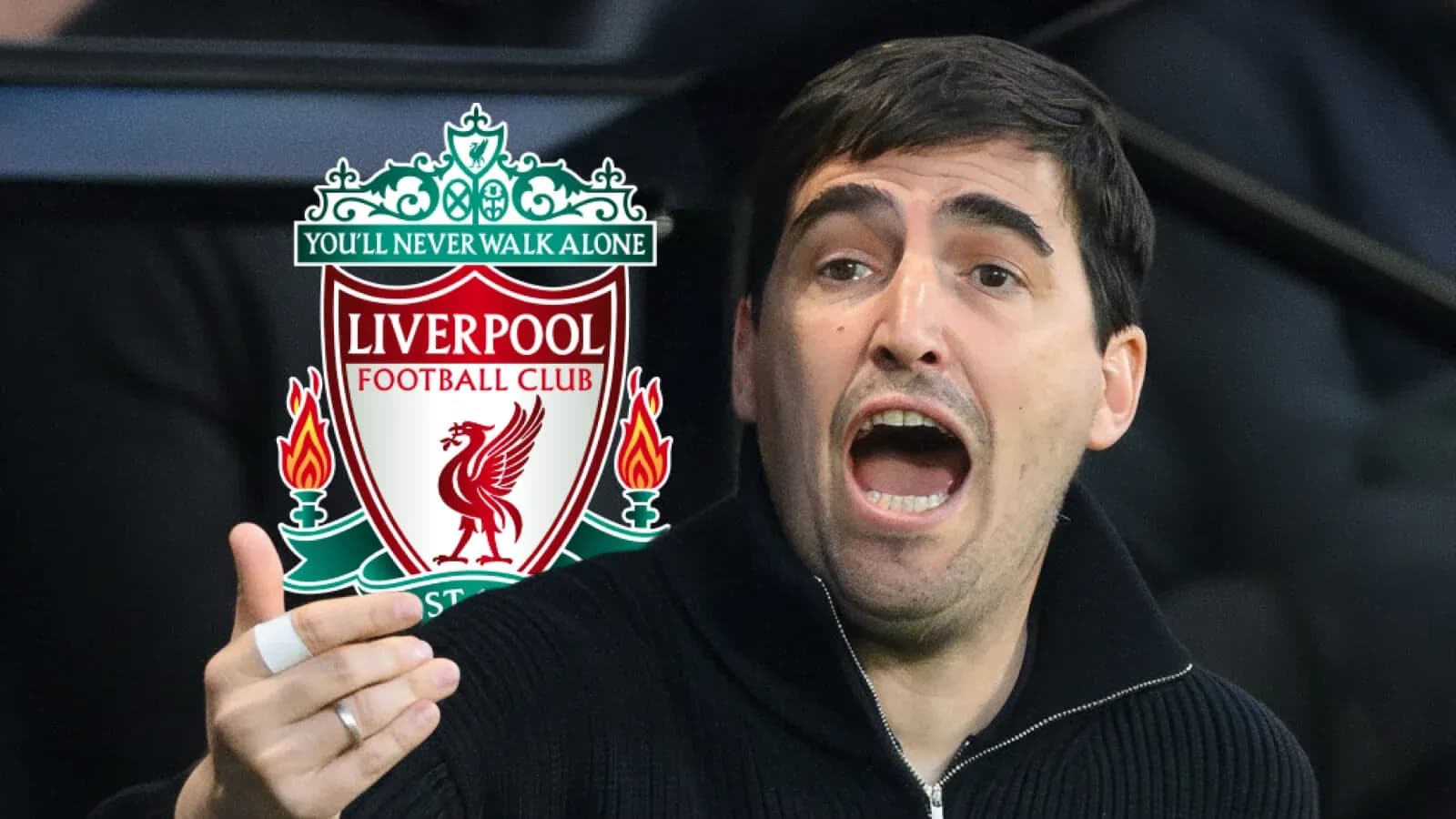Person gesturing passionately with Liverpool FC logo in background