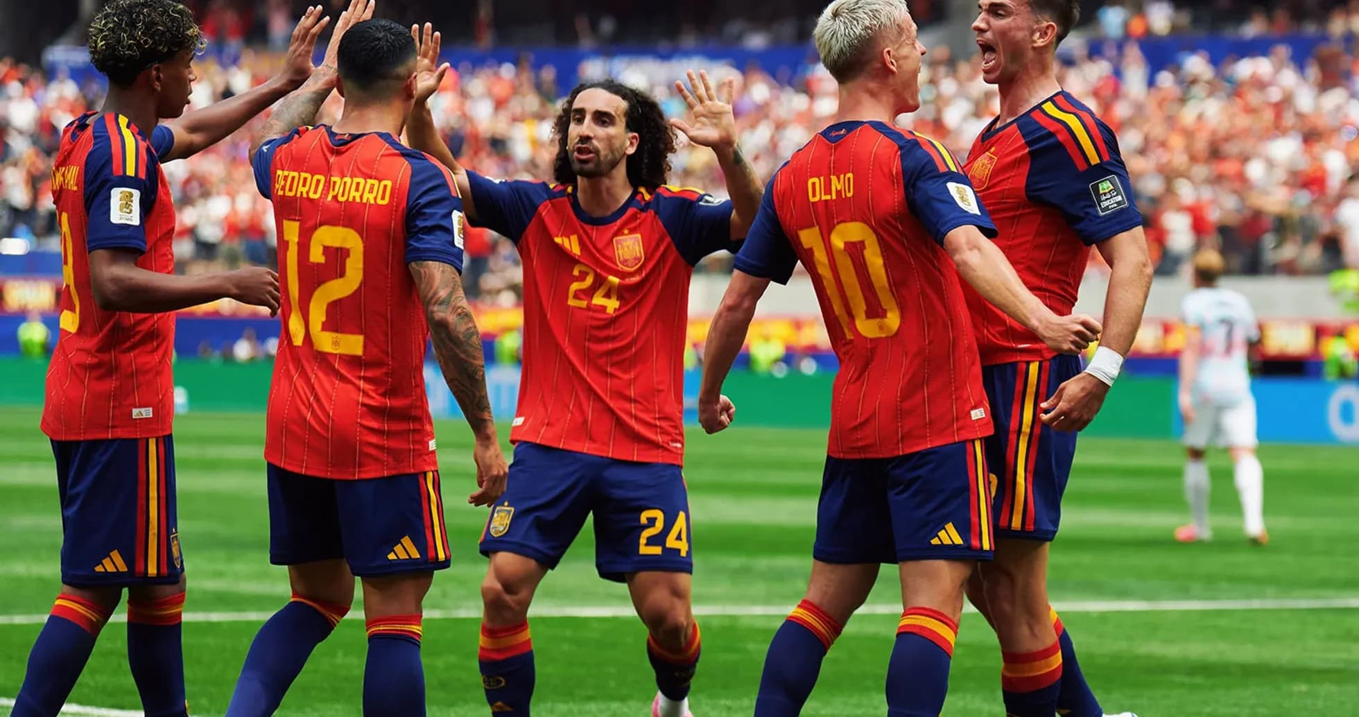 Spain players celebrating a goal during match