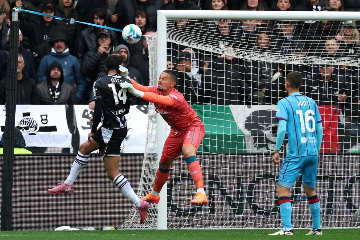 Goalkeeper attempts to save a header during match