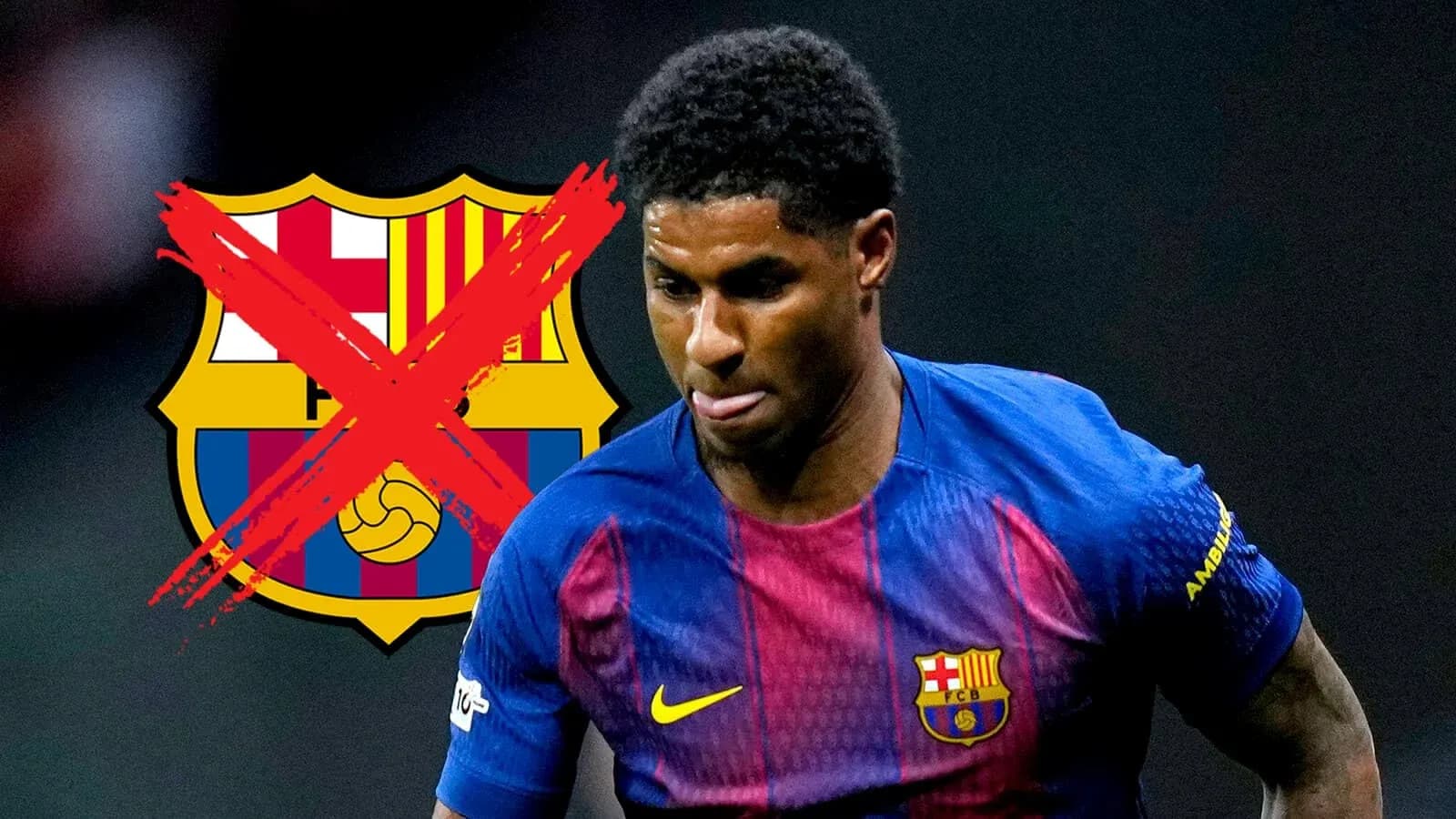 Player in Barcelona kit with crossed-out club logo
