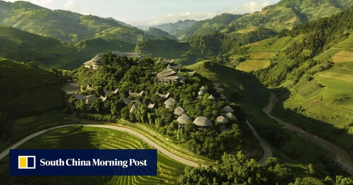 Aerial view of terraced fields and hillside village