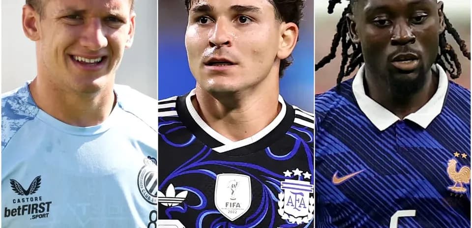 Three football players in national team jerseys