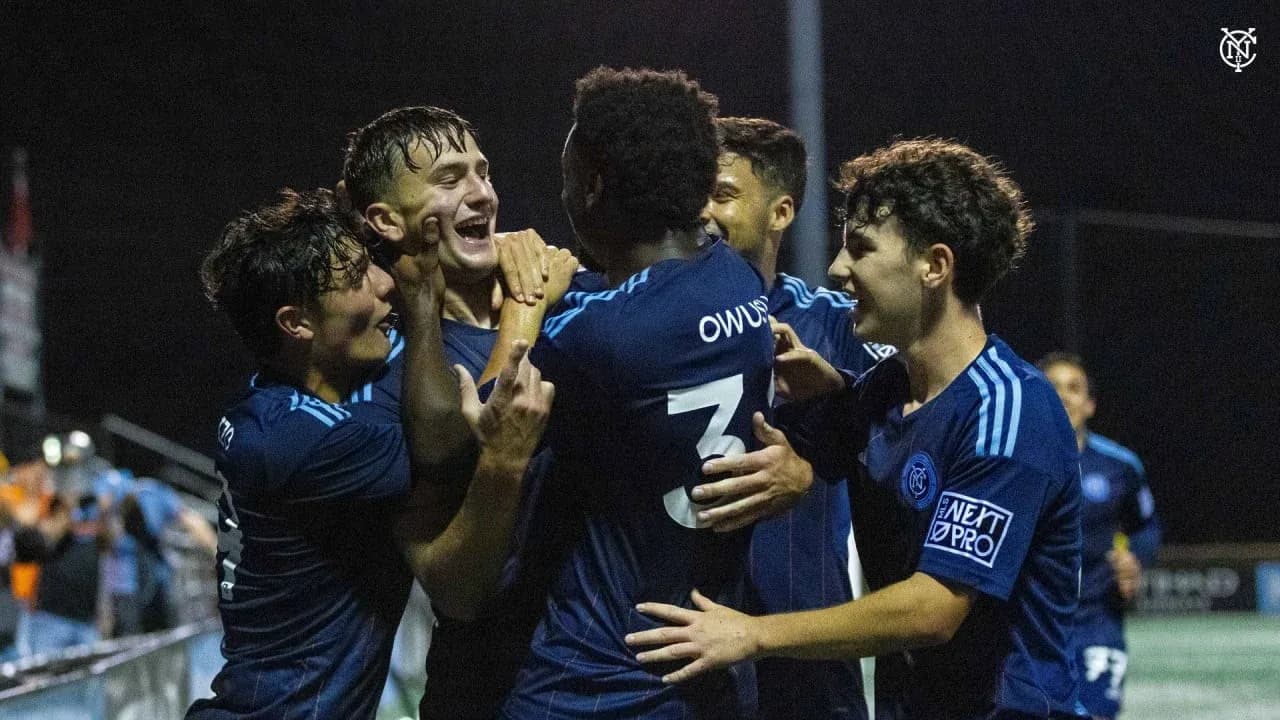 Players celebrating a goal for New York City II
