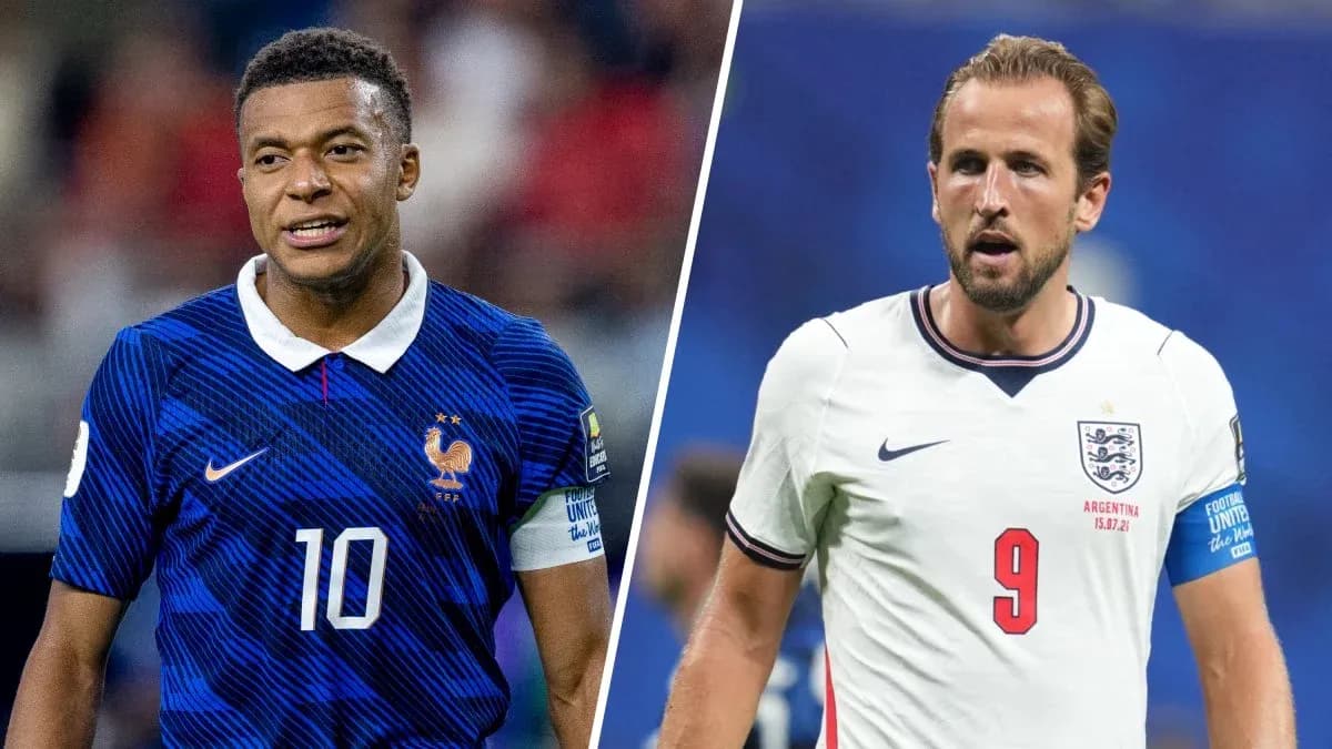 Kylian Mbappé and Harry Kane during match