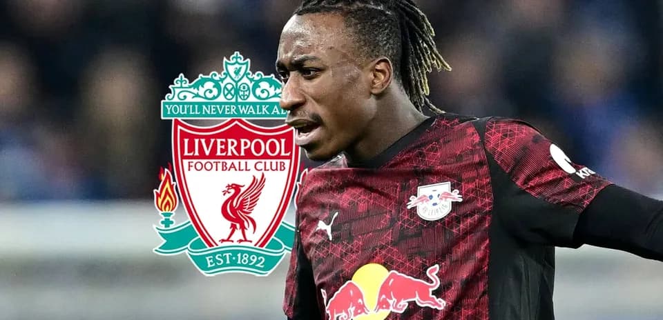 Player in RB Leipzig kit near Liverpool logo